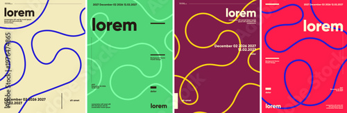 Colorful abstract poster designs featuring bold, wavy lines and modern typography. Each design showcases a unique color palette, creating a dynamic visual impact.