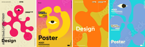 Modern graphic design concept featuring bold abstract shapes and vibrant colors. The composition includes eye motifs and dynamic layouts, ideal for creative projects.