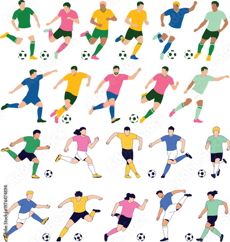 Collection of soccer players in diverse kits kicking the ball isolated on a white background for professional sports advertising.