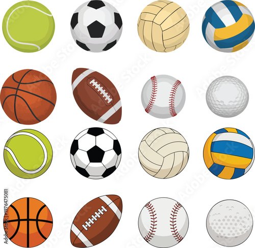 Colorful Sports Ball Collection Icon Set for Game Recreation App Design and Athletic Equipment Catalog Use