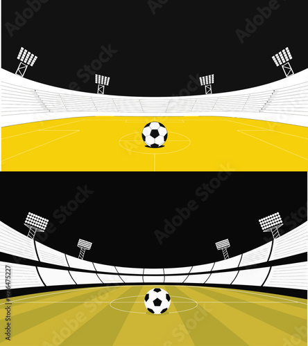 Soccer stadium illustration with two fields and ball at night under spotlight
