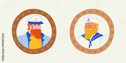 Vintage mariner illustration set. Hand drawn retro style old sailor man collection. Cartoon character portrait inside boat window.
