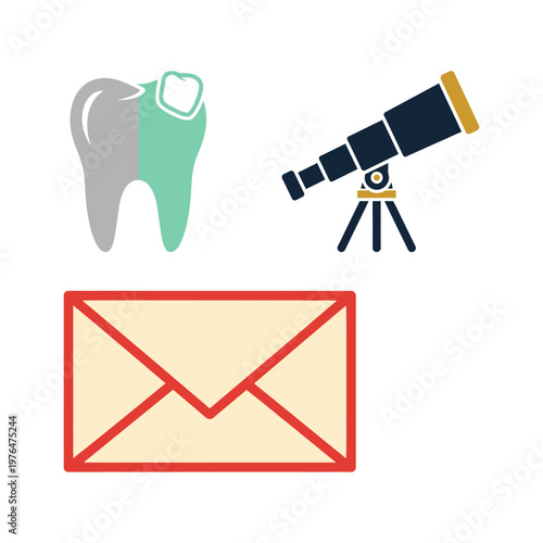 Set of icons mail, telescope, and dental crown, representing communication, exploration, and health