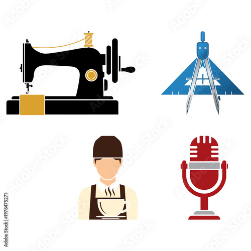 Set of four icons representing sewing machine, drafting tools, barista, and microphone