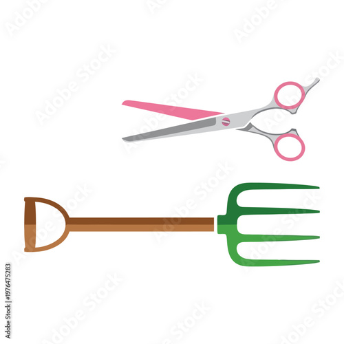 Scissors and Garden Fork Isolated on White Background - Professional Tools