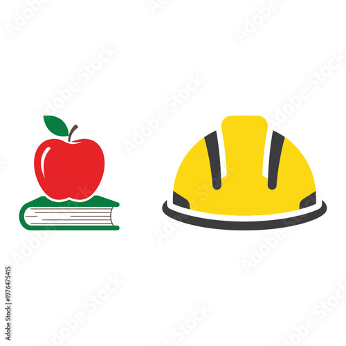 Education and construction concept illustration with apple on book and hard hat