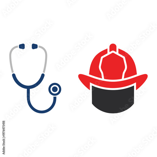 Medical stethoscope and firefighter helmet icons representing healthcare and safety professions