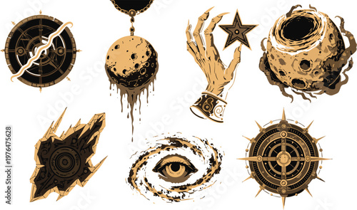 Collection of mystical celestial icons featuring a melting moon, skeletal hand holding a star, cosmic eye, and intricate astrological diagrams. Perfect for occult branding and esoteric designs