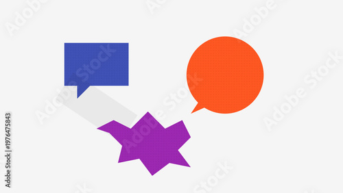 A colorful, geometric design with a speech bubble