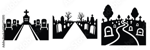 cemetery path silhouette set vector illustration