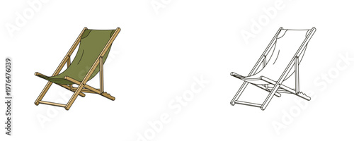 Beach deck chair illustrations in cartoon and line styles with green and wooden brown colors representing comfortable furniture for relaxation or camping on white background