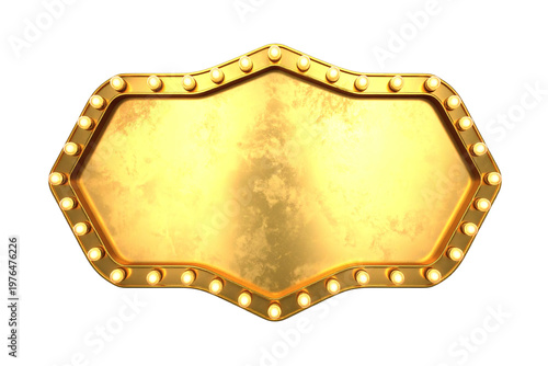 Vintage golden ornate marquee sign with illuminated light bulbs bordering its shiny textured surface, perfect for adding a touch of classic theater or casino style 