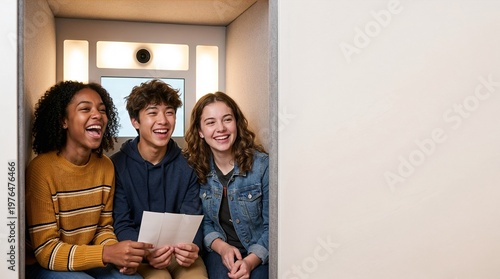 Group of diverse teenagers laughing together in photo booth  