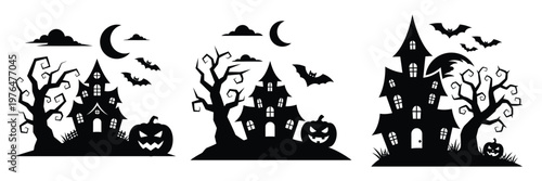 spooky halloween scene silhouette set vector illustration