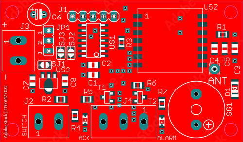 Placement of components of radio elements (contact
pads and seats) on the printed circuit
board of an electronic device.
Vector engineering drawing of a pcb. Electric background. 