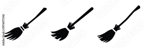 witch broom flying silhouette set vector illustration