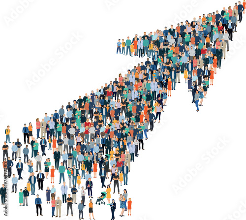 Une foule de personnes forme une flèche ascendante, symbolisant la progression collective, l’ambition et l’orientation vers l’avenir