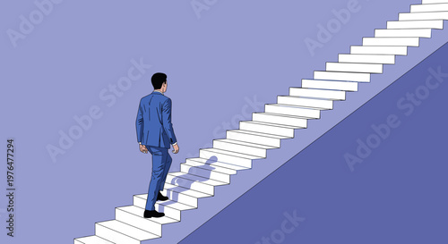 Businessman climbing white stairs to success on purple background symbolizing career growth and ambition
