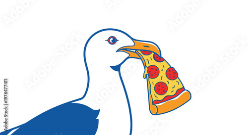 Seagull eating a slice of pepperoni pizza in a stylized illustration