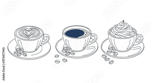 Three coffee cups with different toppings on saucers illustration of coffee drinks
