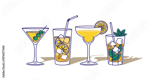 Four colorful cocktails with straws and garnishes on a white background stylized illustration for drinks and beverages