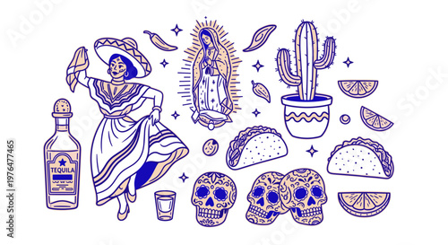 Vibrant blue line illustration of festive mexican culture symbols including skulls tacos cactus and mariachi dancer celebrating day of the dead