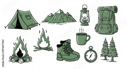 Camping gear and outdoor adventure icons including tent backpack hiking boot campfire and travel accessories on white background