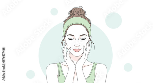 Woman enjoying skincare routine with face mask and headband feeling relaxed and serene in a minimalist illustration