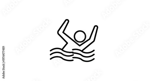 A simple black and white line drawing depicts a person struggling in wavy water