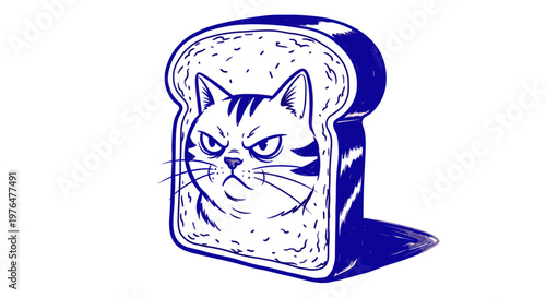 Stylized illustration of a grumpy cat face on a slice of bread blue and white color scheme cartoonish texture humorous expression whimsical design element food and animal fusion