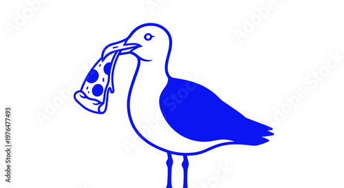 Stylized illustration of a seagull holding ice cream cone in its beak on white background