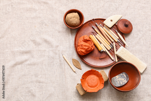 Sculptor tools, clay and bo...