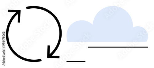Cloud storage, data transfer, synchronization, backup, digital management, automation. Black arrow cycle paired with a blue cloud. Cloud storage and data transfer concept