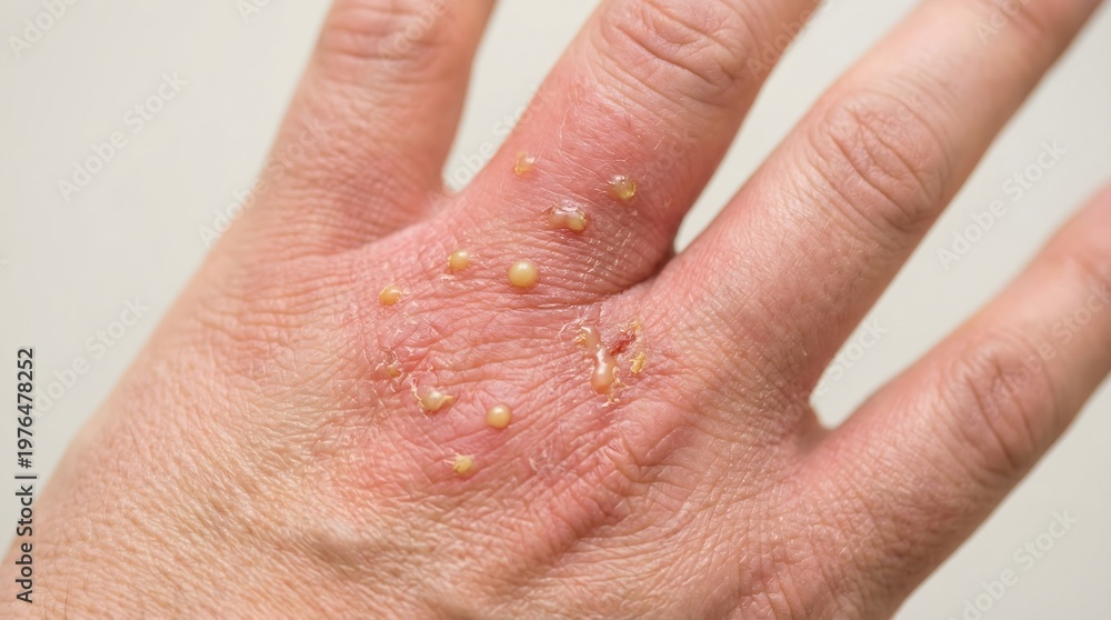 Fototapeta premium Close-up of hand with dyshidrotic eczema showing small blisters and irritated skin.