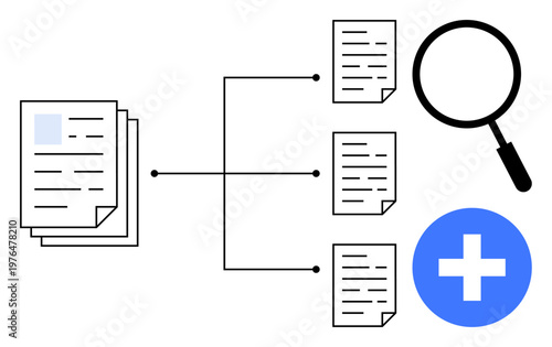 Document management. Central document showing branching workflow structure with related files and magnifying glass. Document management ensures organization and data access. Suitable for business, IT