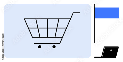 E-commerce, online shopping, digital marketing, retail technology, business platforms, virtual stores. Shopping cart with laptop and flag symbol. E-commerce and online shopping concept