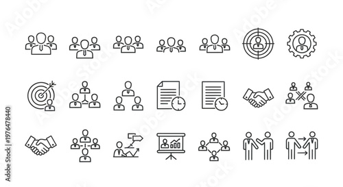 A collection of minimalist line icons representing business teamwork management and corporate concepts