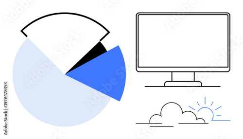 Data analysis, financial insights, business reports, environmental awareness, digital tools, evolving trends. A pie chart, a computer screen and a sunrise over clouds. Data analysis and business