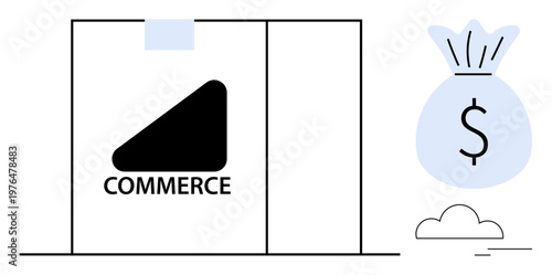 E-commerce, online business, financial growth, trade, retail, success. Black and white storefront with commerce text and a money bag . E-commerce and online business