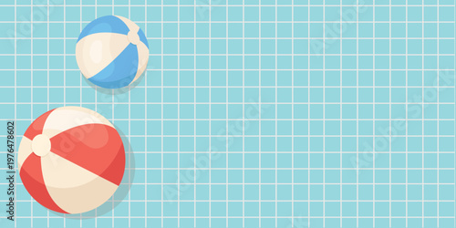 Summer banner with a red and blue beach balls on grid pool. Background template with a summer vacation concept, with copy space for text. For promoting sales and seasonal offers.