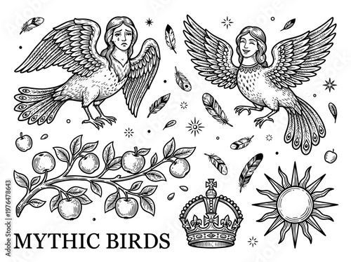 Mythical Slavic Birds Sirin and Alkonost Vector Illustration Set with Sun Crown and Apple Tree Branch