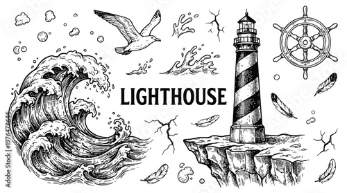 Vintage Nautical Vector Illustration Set with Lighthouse, Massive Ocean Wave, Seagull, and Ship Wheel in Engraving Style