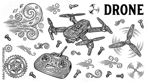 Hand-drawn drone and quadcopter sketches on black background including remote control, propellers, gears and uav parts vector illustration set