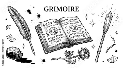 Vintage Witchcraft Grimoire Set with Magic Spell Book, Quill Pen, Crystal Wand and Rose, Hand Drawn Vector Illustration