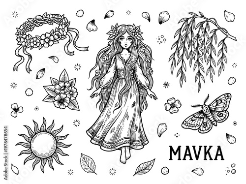 Ukrainian Mythology Mavka Forest Nymph Vector Illustration Set with Willow Branch Sun and Floral Elements