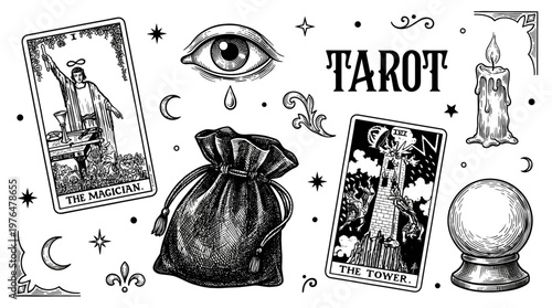 Tarot Card Illustration Set featuring The Magician and The Tower with Mystical Occult Symbols including Crystal Ball, Candle, and Eye in Vintage Engraving Style Vector Graphics