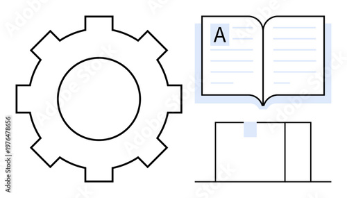 Technology, education, process design, engineering, data systems, innovation. Line art of a gear symbol, an open book and a block structure. Technology and education concept