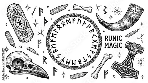 Viking Runic Magic Vector Illustration Set with Norse Mythology Symbols, Raven Skull, Mjolnir, and Futhark Rune Circle