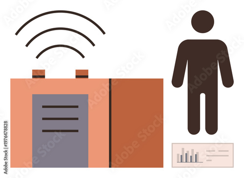 Wireless communication, data transmission, IoT, analytics, connectivity, modern technology. Person silhouette next to wireless signal and bar graph. Wireless communication and data transmission