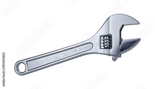 A versatile metallic silver adjustable spanner tool, also known as a monkey wrench, essential for various mechanical work and home repairs, photographed in a professional studio 